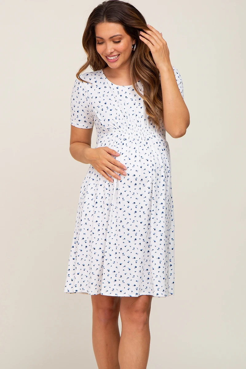 PinkBlush Womens Floral Smocked Short Sleeve Maternity Dress