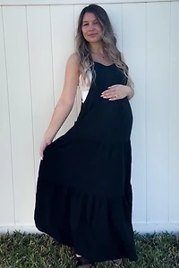 PinkBlush Womens Black Button Sling Tiered Maternity Midi Dress