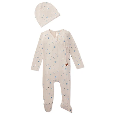 MeMoi 2 Piece Set Baby Ribbed Rayon-Blend Star-Pattern Footie and Beanie