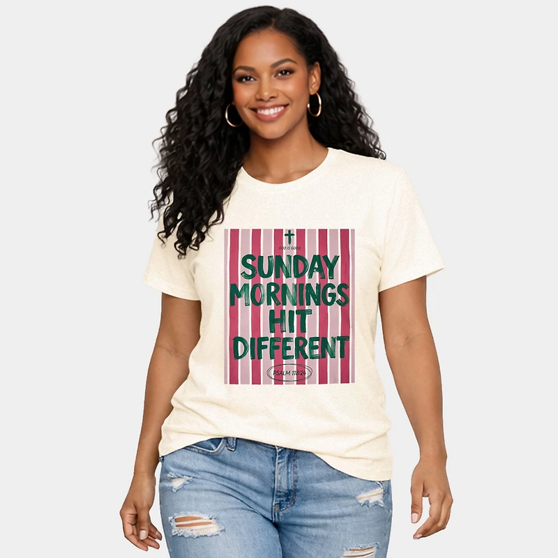 Simply Sage Market - Sunday Mornings Hit Different Stripes Women's Short Sleeve Graphic T-Shirt
