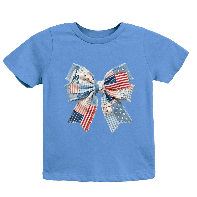 Patriotic Bow Faux Denim Patchwork - Youth Short Sleeve Graphic T-Shirt