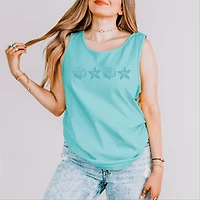 Simply Sage Market - Embroidered Starfish and Shells Women's Garment Dyed Graphic Tank Top