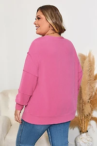 Threaded Pear Women's Bonbon Spiral Ribbed Exposed Seam Detail Plus Long Sleeve Top