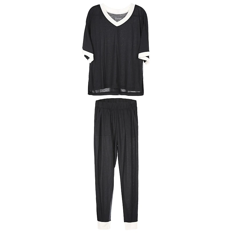 MeMoi Women's Contrast Trim Loose Fit Modal Short Sleeve and Pants Set