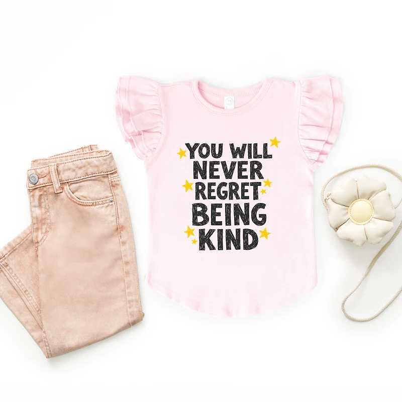 The Juniper Shop - Girl's Flutter Sleeve Graphic T-Shirt You Will Never Regret Being Kind Black