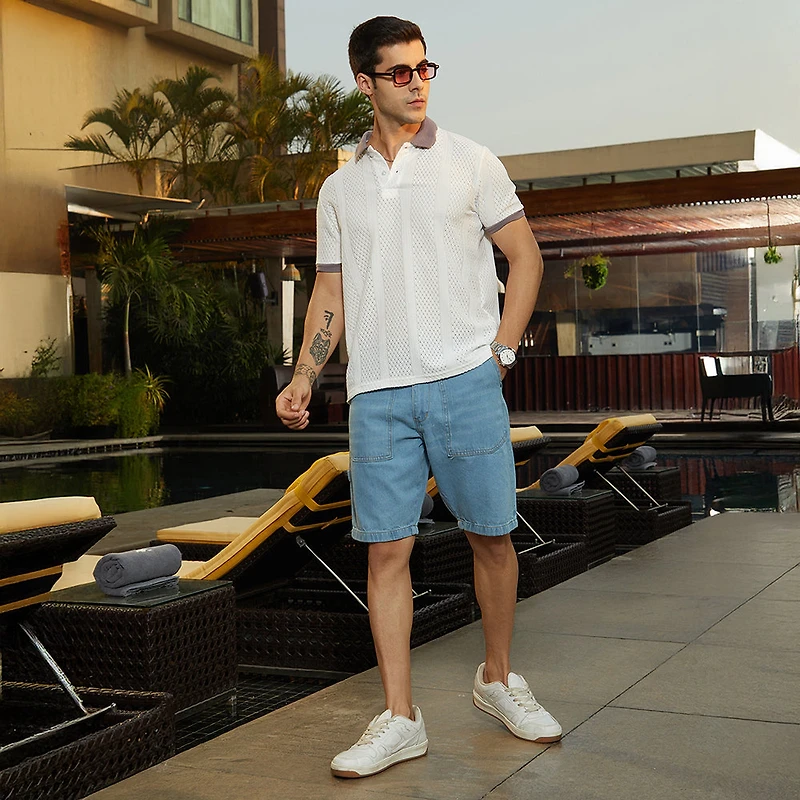 Contrast Open-Knit Polo T-Shirt