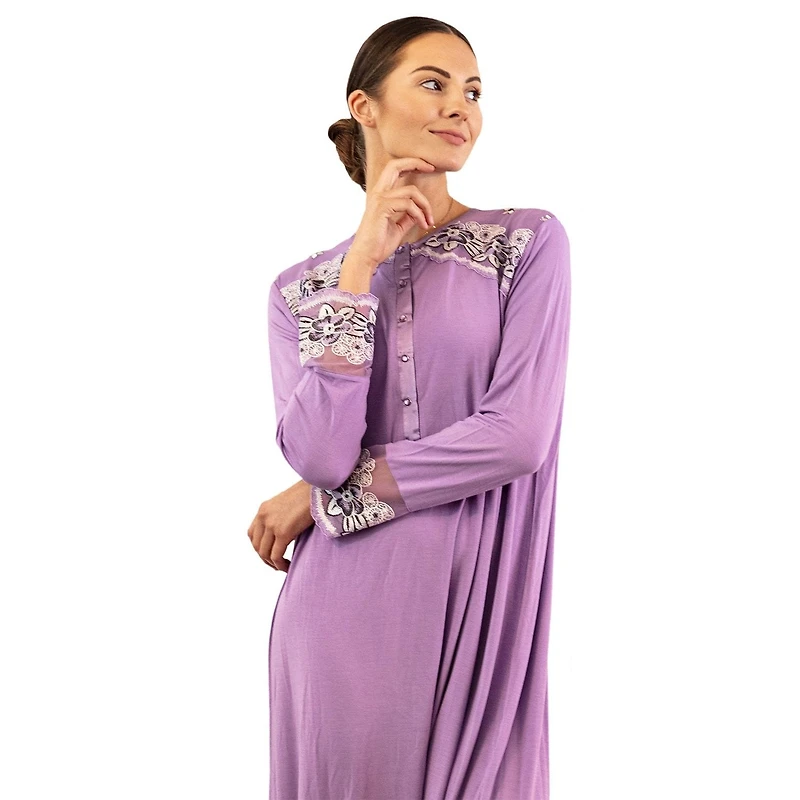 MeMoi Women's Modest Lace Cuff and Shoulder Accent Ankle Length Nightgown
