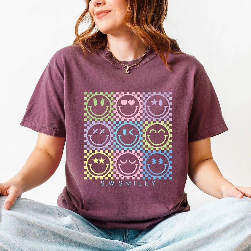 Simply Sage Market - S.W.Smiley Checkered Neon Women's Garment Dyed Graphic T-Shirt