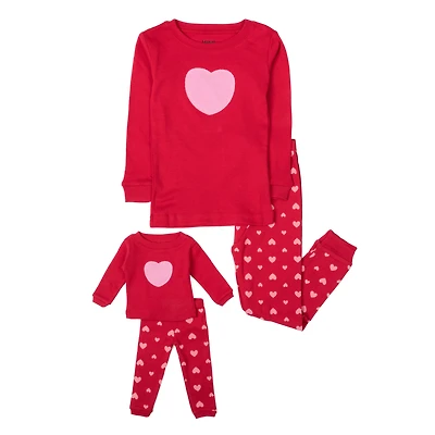 Leveret Girl & Doll Matching Long Sleeve Cotton Red Hearts Valentines Day Pajamas