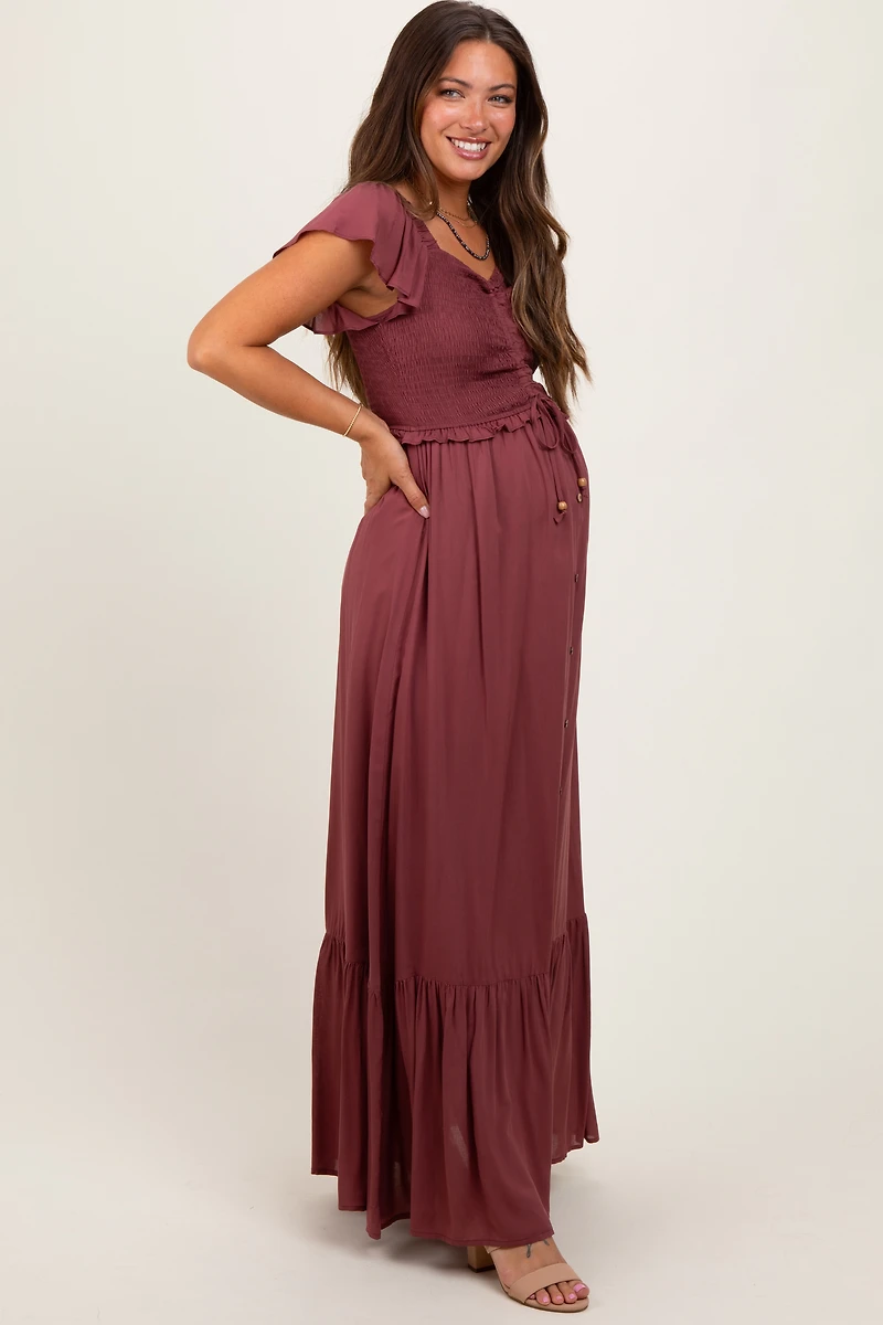 PinkBlush Womens Burgundy Smocked Top Woven Maternity Maxi Dress