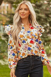 Threaded Pear Women's Apricot Ruffled Shoulder Long Sleeve Floral Blouse