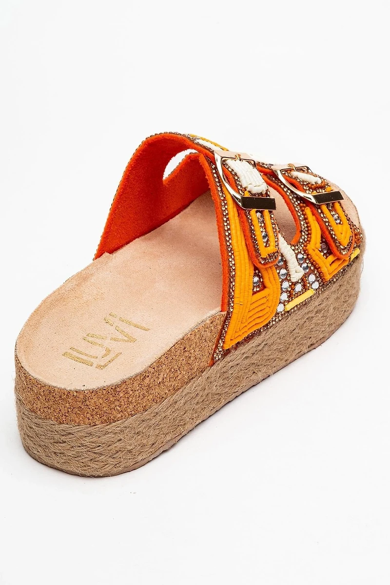 Prologue Shoes Womens Bobby Beaded Straw Platform Slide Sandal