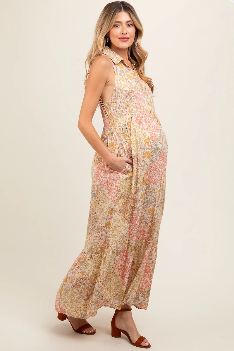 PinkBlush Womens Peach Floral Sleeveless Button Tiered Collared Maternity Maxi Dress