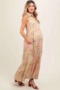 PinkBlush Womens Peach Floral Sleeveless Button Tiered Collared Maternity Maxi Dress