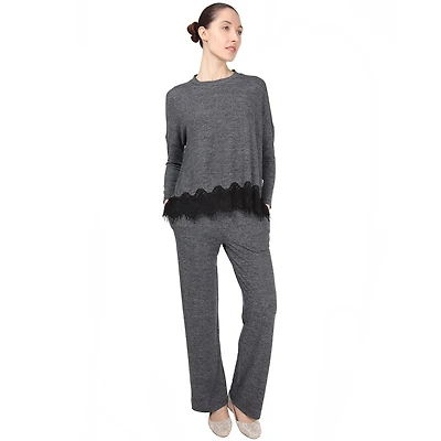 MeMoi Women's Long Sleeve Lounge Set with Contrast Lace Hem