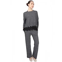 MeMoi Women's Long Sleeve Lounge Set with Contrast Lace Hem