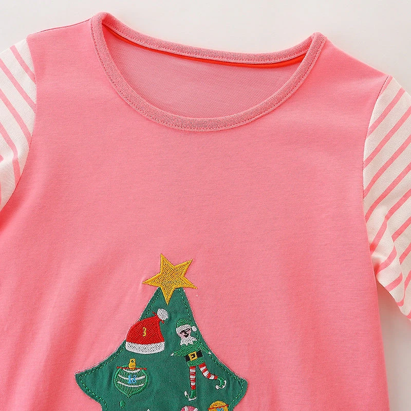 MyKids-USA Baby Girl Cartoon Christmas Tree Pattern Striped Sleeve Design Princess Dress