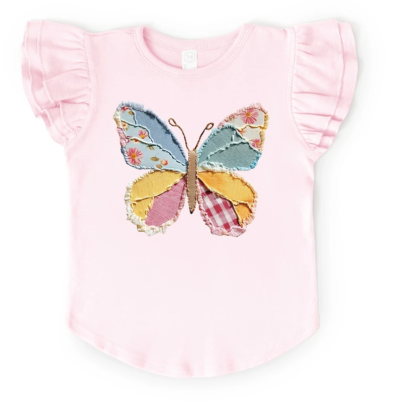 The Juniper Shop - Girl's Flutter Sleeve Graphic T-Shirt Denim Butterfly Faux Patchwork