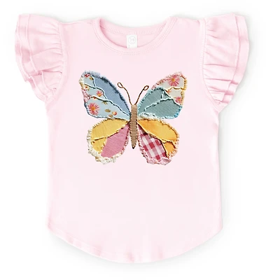 The Juniper Shop - Girl's Flutter Sleeve Graphic T-Shirt Denim Butterfly Faux Patchwork