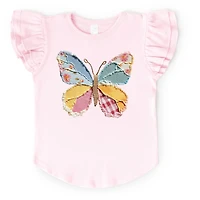 The Juniper Shop - Girl's Flutter Sleeve Graphic T-Shirt Denim Butterfly Faux Patchwork
