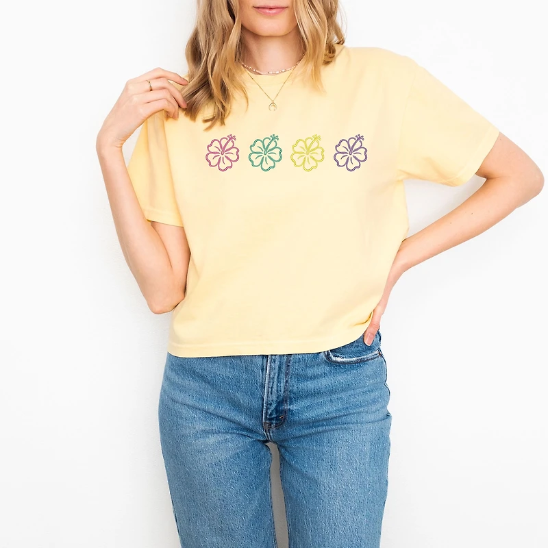 Simply Sage Market Womens Boxy Crop Top - Embroidered Hibiscus Floral Crew Neck