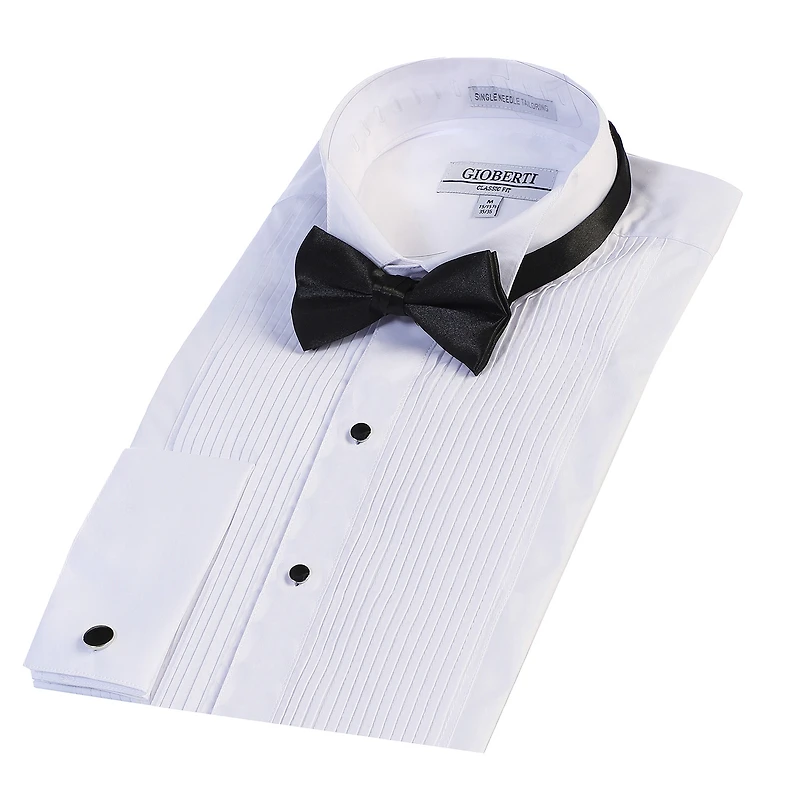 Gioberti Men's Wing Tip Collar White Tuxedo Dress Shirt with Bow Tie