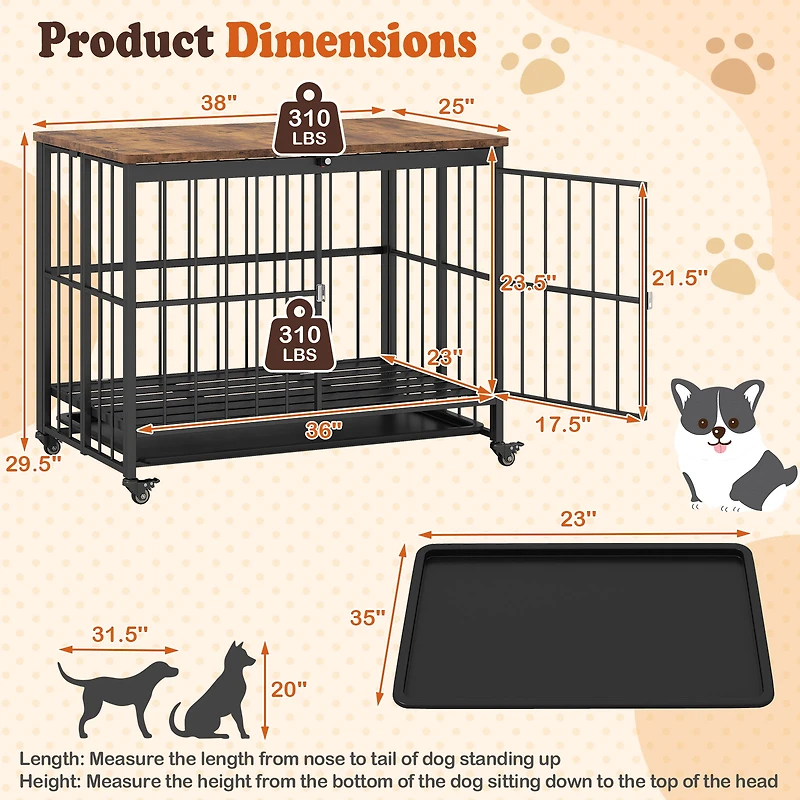 SUGIFT 38-in Foldable Dog Crate Furniture Side Table with Lockable Front Door Flip-Top and Removable Tray