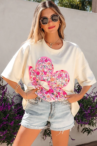 Threaded Pear Women's Poppy Big Flower Oversize Tee