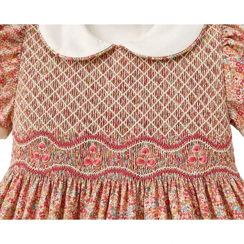 Laurenza's Baby Girls Pink Floral Smocked Dress with Embroidery