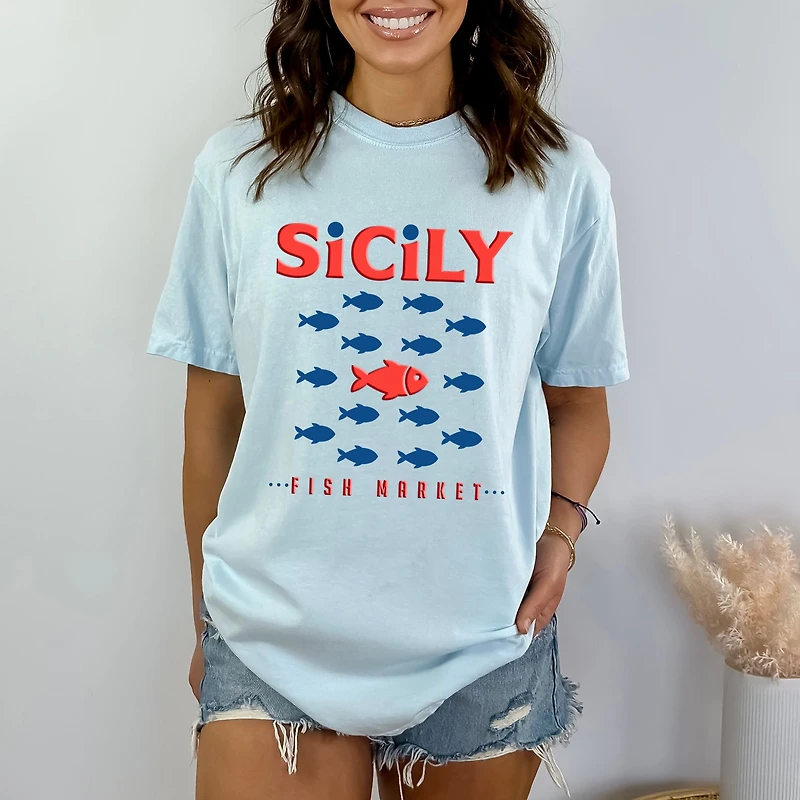 Simply Sage Market - Sicily Fish Puff Print Women's Garment Dyed Graphic T-Shirt