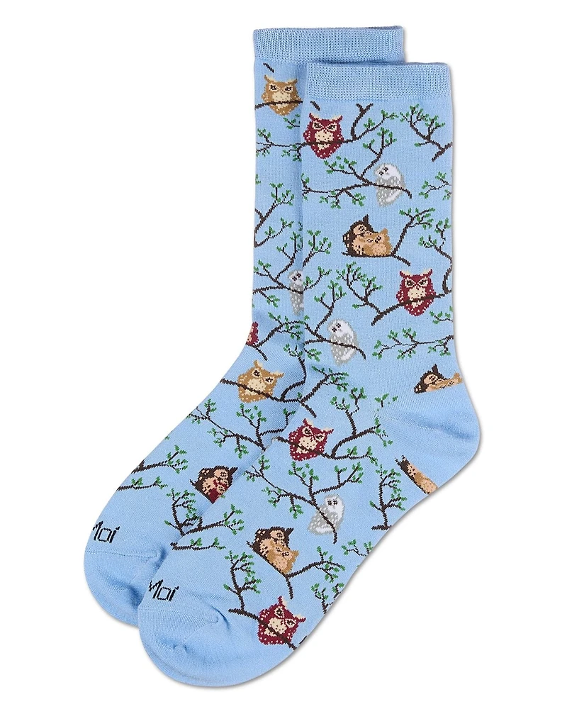 MeMoi Women's Embroidered Owls Bamboo Crew Socks