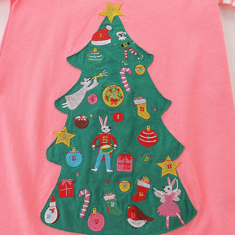 MyKids-USA Baby Girl Cartoon Christmas Tree Pattern Striped Sleeve Design Princess Dress