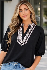 Threaded Pear Women's Keziah Sleeve Patchwork Trim Blouse