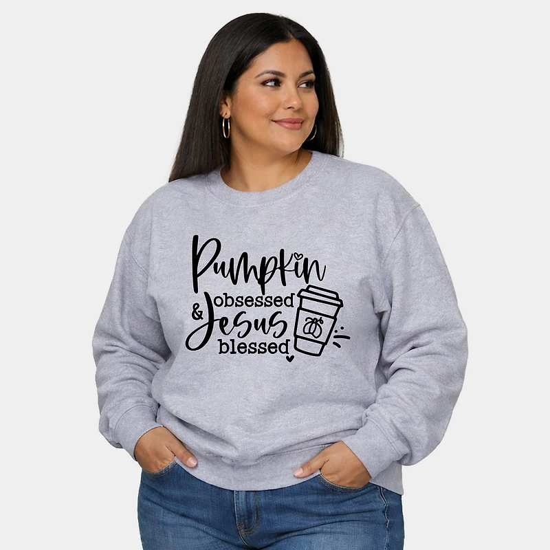 Simply Sage Market - Pumpkin Obsessed Jesus Blessed Women's Plus Sized Graphic Sweatshirt