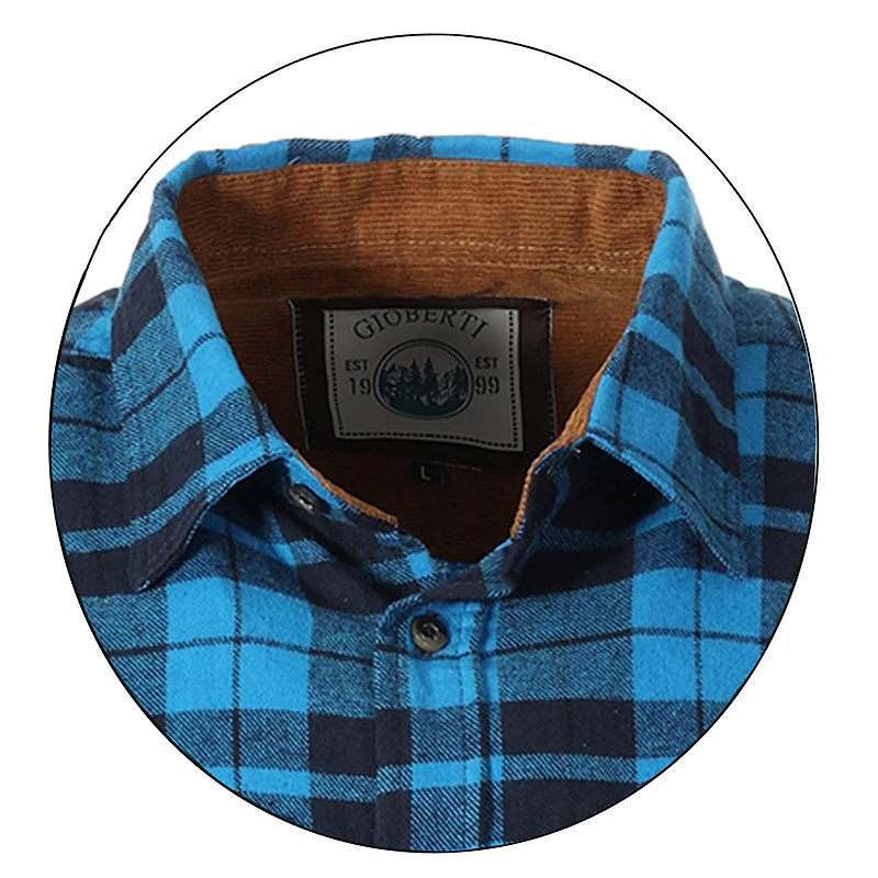 Gioberti Men's Long Sleeve Brushed Flannel Plaid Checkered Shirt with Corduroy Contrast