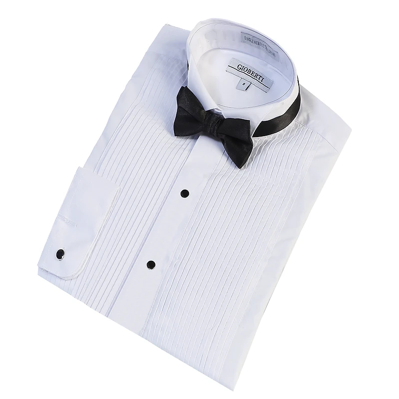 Gioberti Boy's Wing Tip Collar White Tuxedo Dress Shirt with Bow Tie and Metal Studs