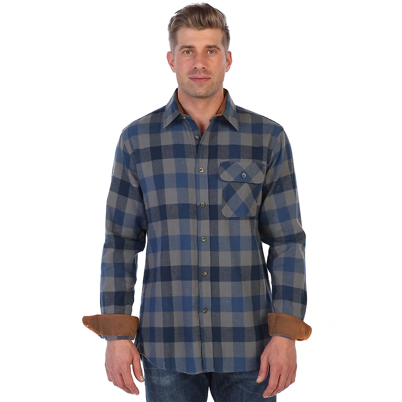 Gioberti Men's Long Sleeve Brushed Flannel Plaid Checkered Shirt with Corduroy Contrast