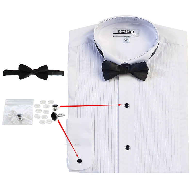 Gioberti Men's Wing Tip Collar White Tuxedo Dress Shirt with Bow Tie
