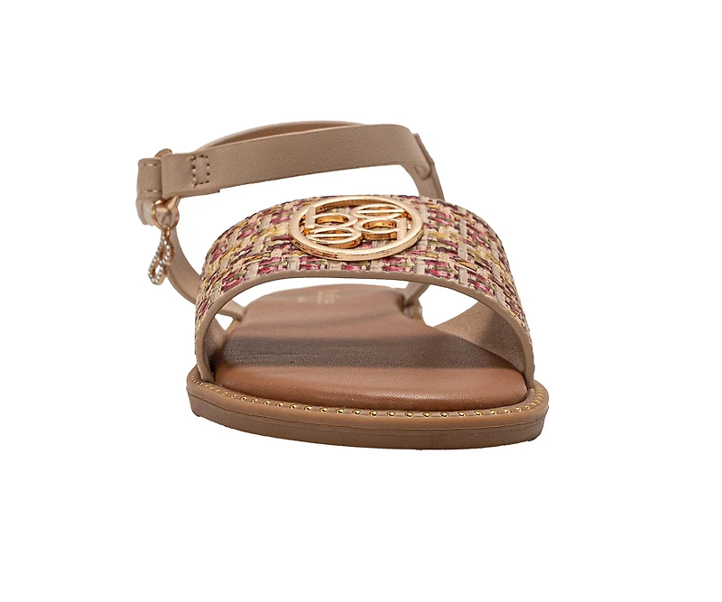 bebe Girl's Fashion Sandals - Dressy Shoes with Raffia Upper and Logo Medallion Accent