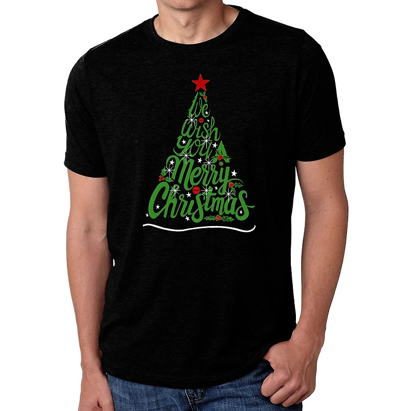 LA Pop Art Men's Cotton-Poly Blend T-Shirt - 'We Wish You A Merry Christmas' Word