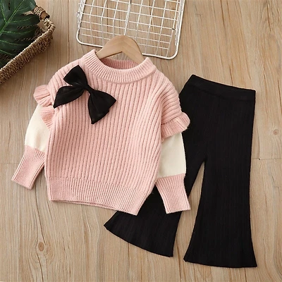 MyKids-USA Baby Solid Color Bow Patched Sweater With Pants Sets