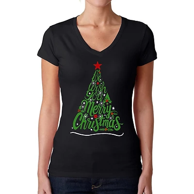 LA Pop Art Womens Word V-Neck T-Shirt - We Wish You A Merry Christmas