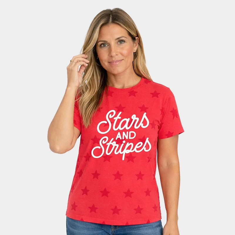 Simply Sage Market - Stars and Stripes Slanted Cursive Puff Print Women's Short Sleeve Star Tee