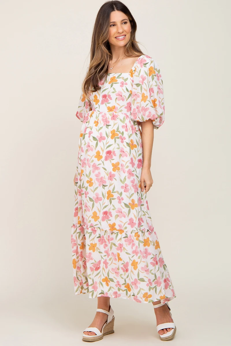 PinkBlush Womens White Floral Puff Sleeve Maternity Maxi Dress