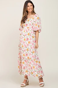 PinkBlush Womens White Floral Puff Sleeve Maternity Maxi Dress