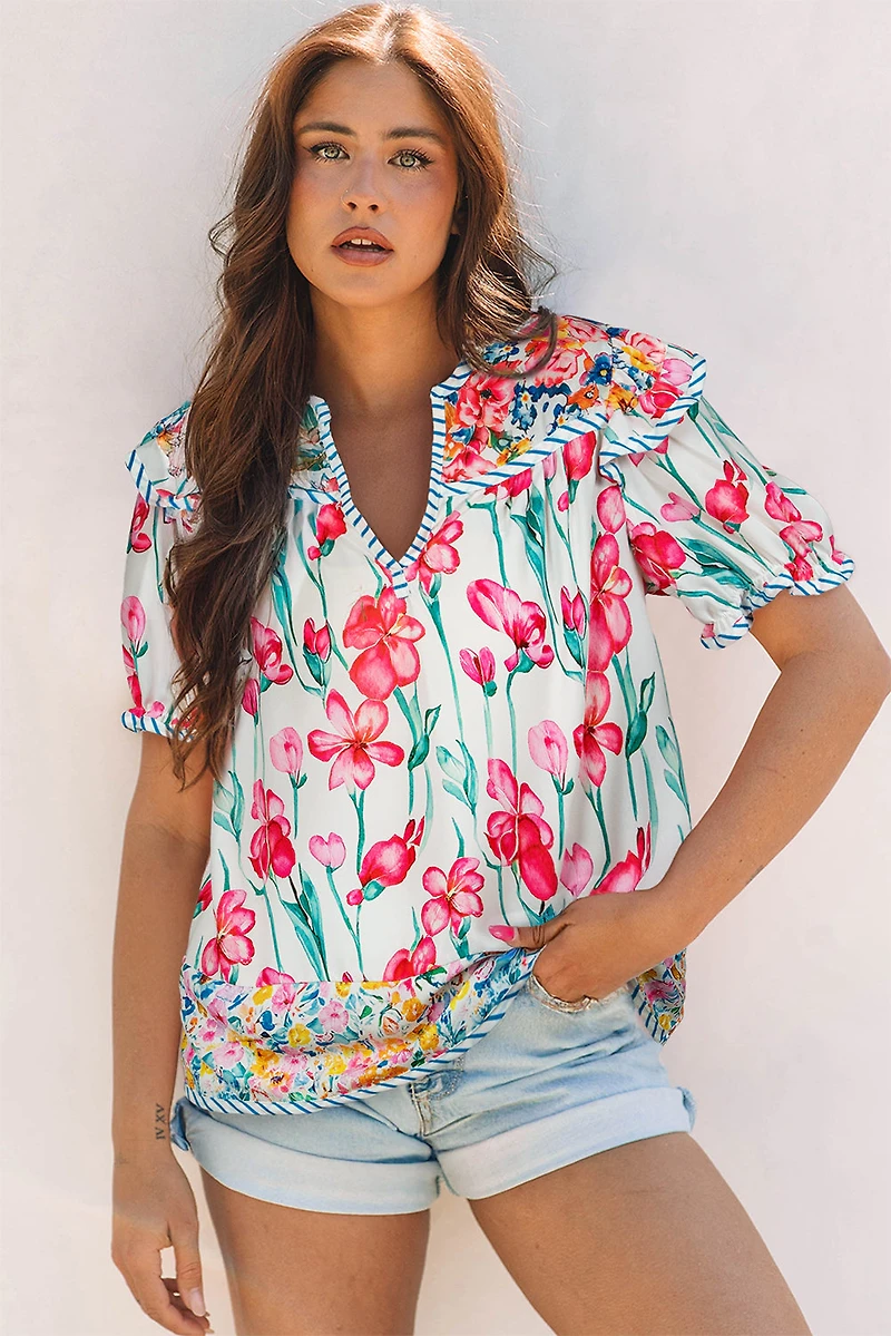 Threaded Pear Women's Greta Floral Split Neck Short Sleeve Blouse