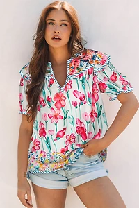 Threaded Pear Women's Greta Floral Split Neck Short Sleeve Blouse