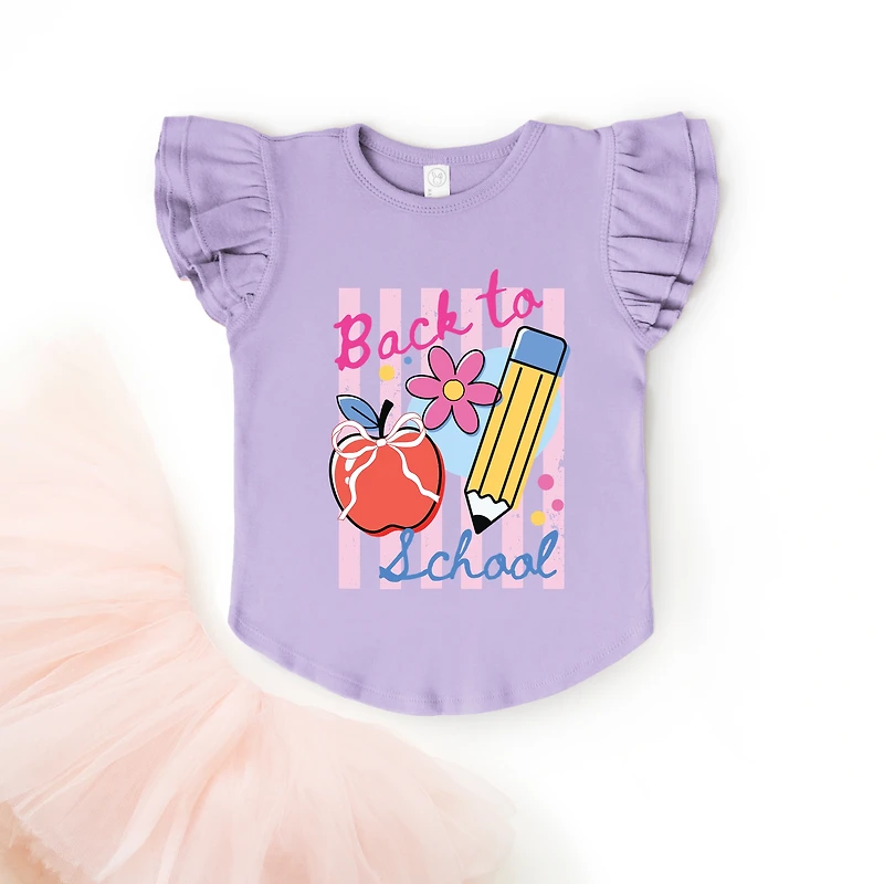 The Juniper Shop - Back To School Stripes Girl's Flutter Sleeve Graphic T-Shirt
