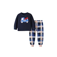 MyKids-USA Spring and Autumn Boys Cartoon Pattern Long Sleeves Top Plaid Pants Clothing Set