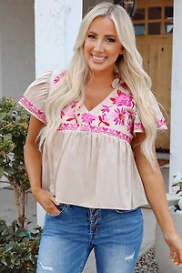Threaded Pear Women's Jaliyah Floral Embroidered Notched V Neck Blouse